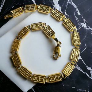 10k Yellow Gold Greek Key  Bracelet 7.5" Fancy Link Chain 5mm Wide 3.37g
